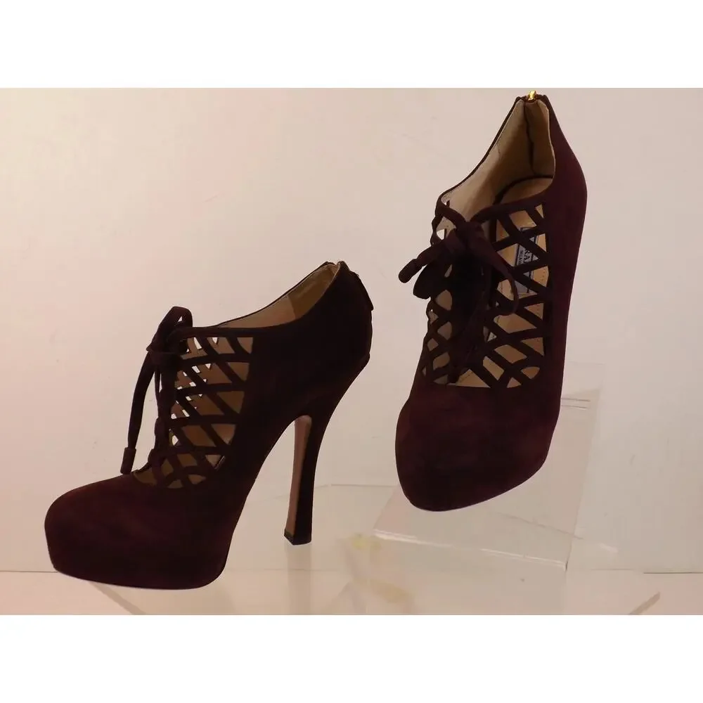 NIB PRADA 1IP156 BURGUNDY SUEDE CAGE CORSET LACE UP BACK ZIP PLATFORM PUMPS 38.5